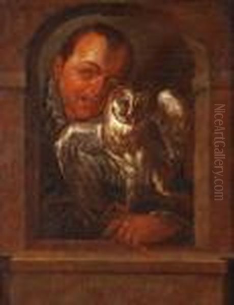 A Man With An Owllooking Through A Stone Arch Oil Painting by Hans Von Aachen