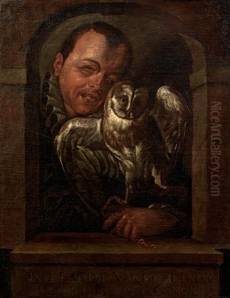 A Man With An Owl Looking Through A Stonearch Oil Painting by Hans Von Aachen