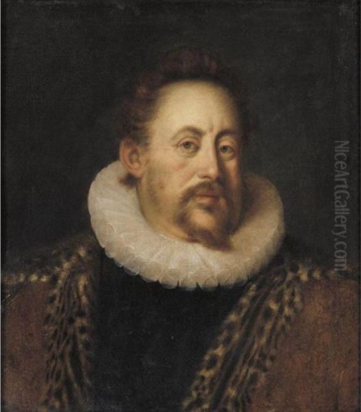 Count Otto Heinrich Von 
Schwarzenberg Half Length Wearing A White Ruff 
And A Leopard Skin Cloak Oil Painting by Hans Von Aachen