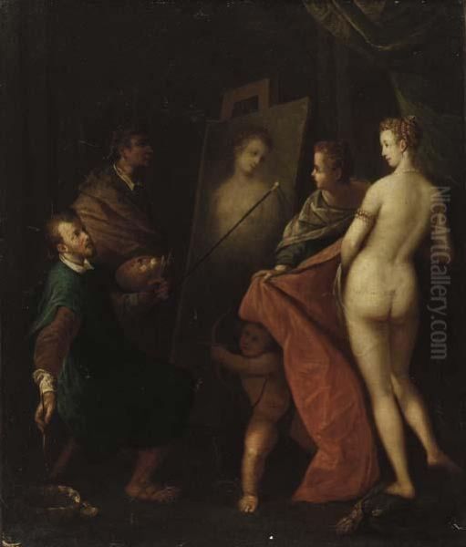 An Allegory Of The Arts: The Interior Of An Artist's Studio With Amodel Posing Oil Painting by Hans Von Aachen