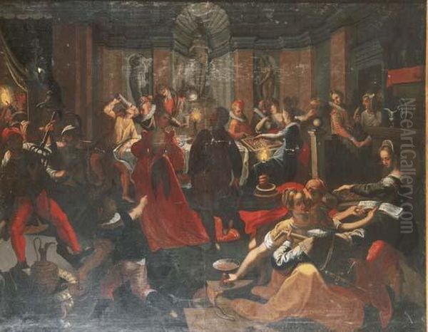 Elegant Figures Making Merry In A Palacial Interior At Night As Mascarades Enter Oil Painting by Hans Von Aachen