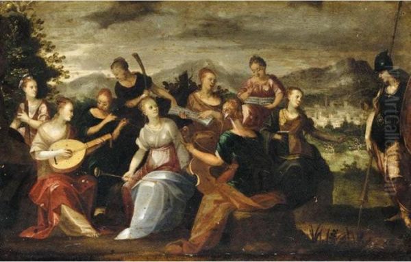 Pallas Athena Visiting The Nine Muses Oil Painting by Hans Von Aachen