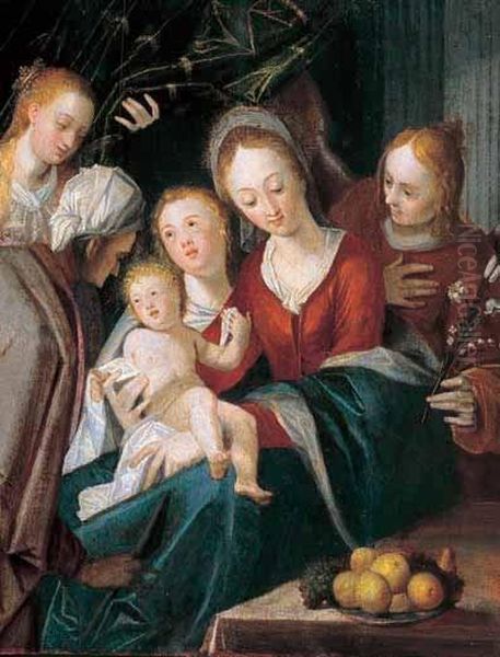 La Vergine Con Bambino, Sant'anna, Santa Caterina, E Angeli Oil Painting by Hans Von Aachen