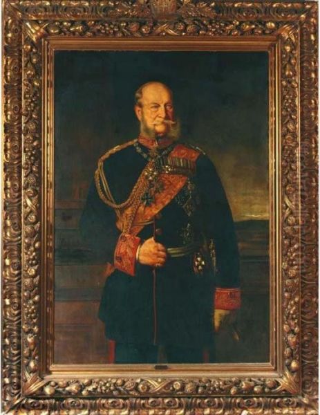 A Portrait Of Emperor Wilhelm I,
 Depicted Standing Full-length Wearing A Ceremonial Uniform. Oil Painting by Baron Heinrich von Angeli