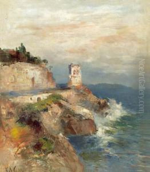 Rocky Cost With Ruined Tower. Oil Painting by Nicolai Von Astudin