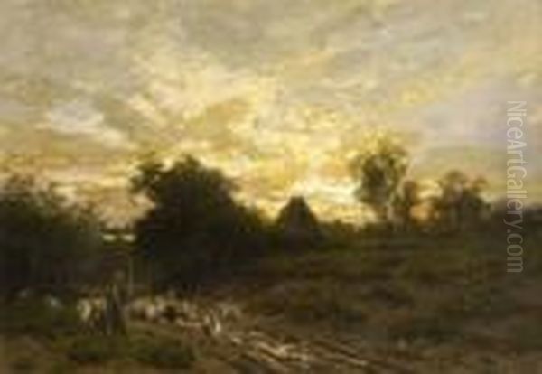 Schafer Mit Herde Auf Dem
 Heimweg Oil Painting by Hans Von Bartels