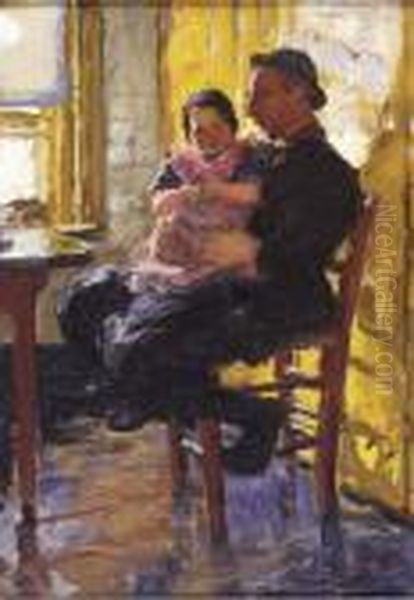 On Daddy's Lap: A Fishermand From Urk Oil Painting by Hans Von Bartels