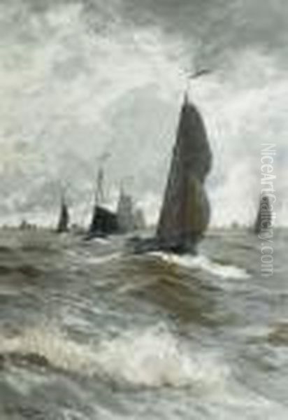 A Fishing Fleet In A Stiff Breeze On The Zuiderzee Oil Painting by Hans Von Bartels