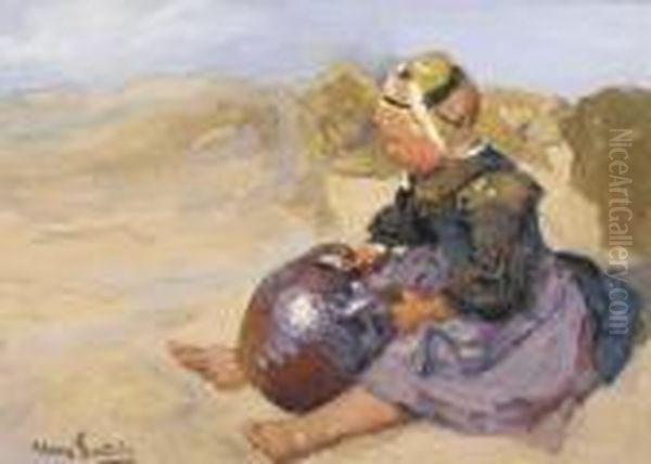 A Child In The Dunes, Brittany Oil Painting by Hans Von Bartels