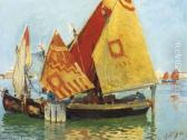 Moored Fishing Vessels In The Laguna, Venice Oil Painting by Hans Von Bartels