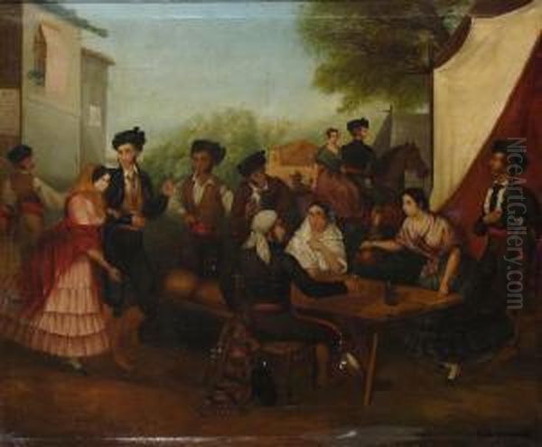 Personnages Devant Une Auberge Oil Painting by Adolf von Becker