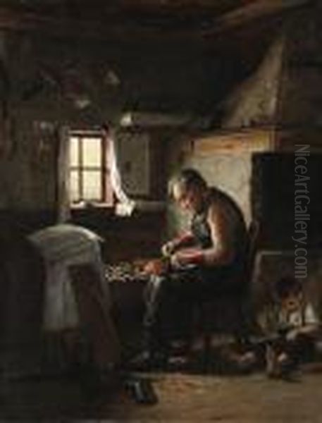 The Cobbler And His Apprentice Oil Painting by Adolf von Becker