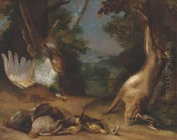 A Dead Hare And Pheasant With Partridge Oil Painting by Peter Von Bemmel