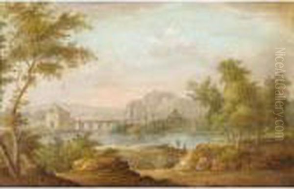 A River Landscape With Fishermen And A Bridge Beyond Oil Painting by Peter Von Bemmel