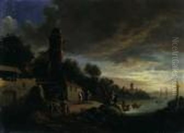 Zwei Landschaften. Sonnenaufgang Und Sonnenuntergang. Oil Painting by Peter Von Bemmel