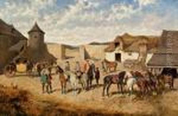 Reiterszene Mit Postkutsche Oil Painting by Alexander Ritter Von Bensa