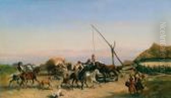 Abbeveratoio Per Cavalli Nella Puszta Oil Painting by Alexander Ritter Von Bensa