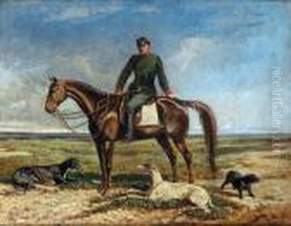 Ein Berittener Offizier Mit Seinen Hunden In Derungarischen Puszta Oil Painting by Alexander Ritter Von Bensa