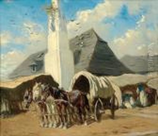 Pferdewagen In Einem Ungarischen Dorf Oil Painting by Alexander Ritter Von Bensa