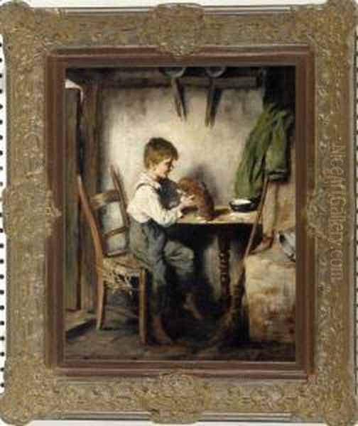 Die Verschuttete Milch - Bauernknabe Mit Hundewelpe Im Interieur Oil Painting by Carl Von Bergen