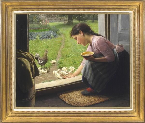 Essenszeit - Ein Junges Madchen Am Hauseingang Futtert Kuken Aus Der Hand Oil Painting by Carl Von Bergen