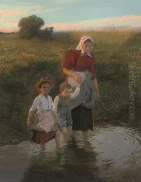 Crossing The Stream At The End Of The Day Oil Painting by Carl Von Bergen