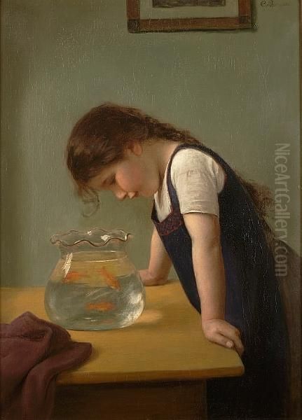 A Girl Looking Into A Goldfish Bowl Oil Painting by Carl Von Bergen