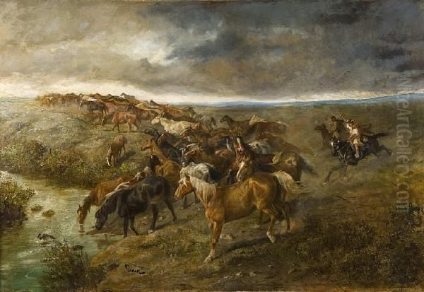 Horsemen Driving Wild Horses Beneath Broodingskies Oil Painting by Joseph I Von Berres