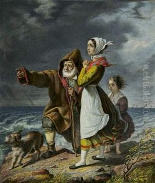 Eine Fischerfamilie Bangt An Sturmischer Kuste. 1838 Oil Painting by Carl Von Blaas