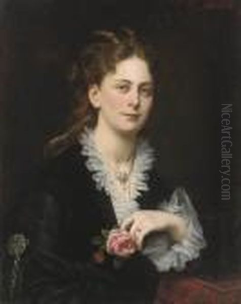 Portrait Of Antonie Freifrau Von Doblhoff, Bust-length, Holding Arose Oil Painting by Carl Von Blaas