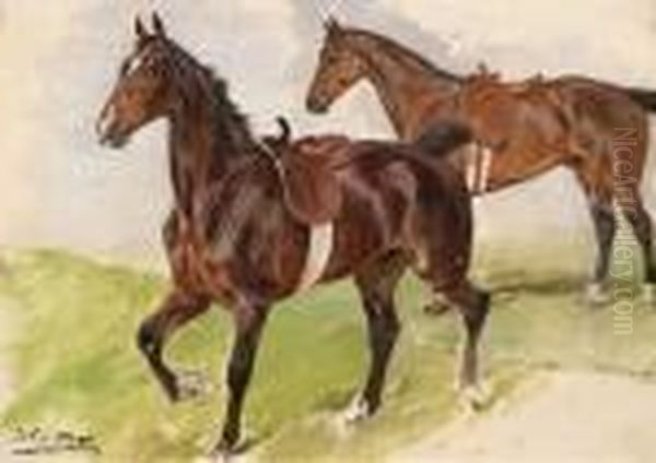 Two Saddled Horses Oil Painting by Julius von Blaas