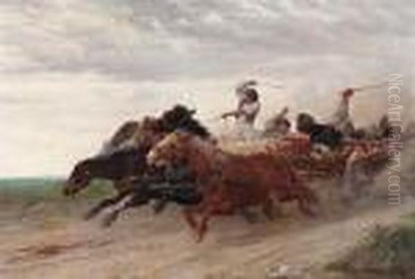 Drunk Slovakian Farmers Racing Oil Painting by Julius von Blaas