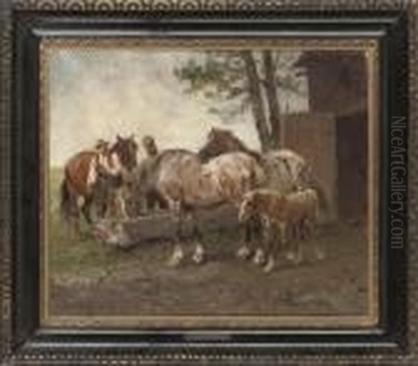 Horses Watering Oil Painting by Julius von Blaas