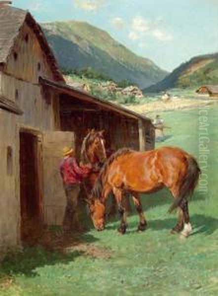 At The Stables Oil Painting by Julius von Blaas