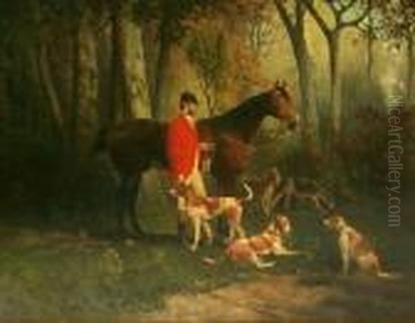 Vor Einer Sonnenbeschienenen 
Waldlichtung Stehender Parforcejager Mit Seinem Pferd, Umringt Von 
Seiner Hundemeute. Unten Rechts Signiert Julius Blaas Oil Painting by Julius von Blaas