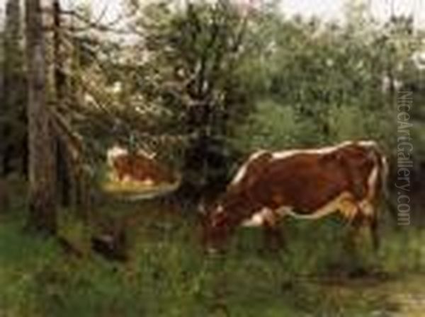 Cows In The Forest Oil Painting by Julius von Blaas