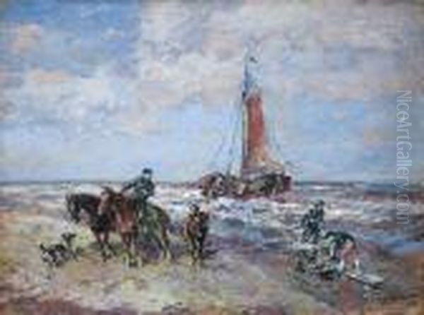 Strandszene Mit Reiter Und Segelschiff Oil Painting by Gregor Von Bochmann