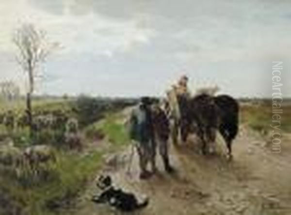 A Farmer And A Shepherd Meeting On A Country Road Oil Painting by Gregor Von Bochmann