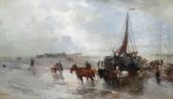 Pescatori Intenti Adisincagliare Una Barca In Olanda Oil Painting by Gregor Von Bochmann