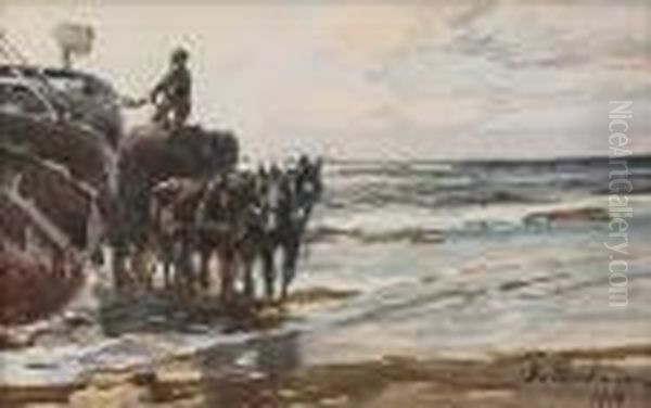 Strand Mit Pferdefuhrwerk Neben Fischerboot Oil Painting by Gregor Von Bochmann