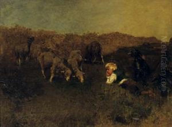 The Little Shepherd And His Sheep Oil Painting by Gregor Von Bochmann