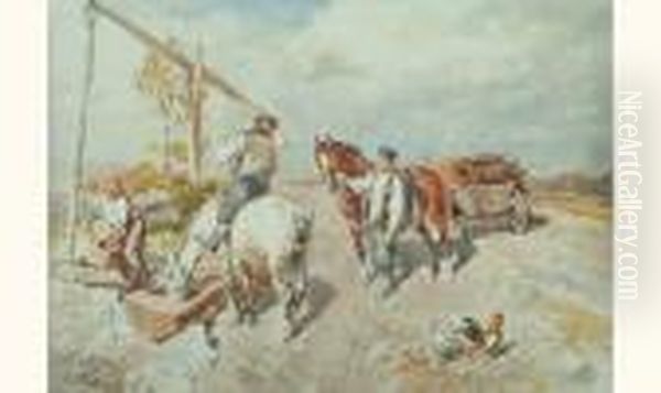  Paysans Et Leurs Chevaux A L'abreuvoir  Oil Painting by Gregor Von Bochmann