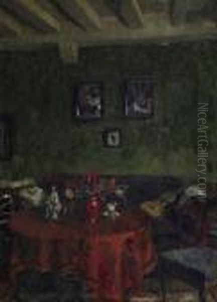 In The Green Salon. Signed Bottom Right: A.v. Brandis Oil Painting by August Von Brandis