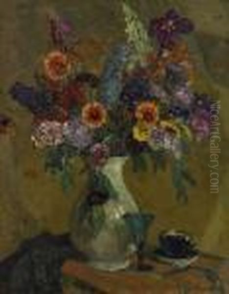 Still Life With Summer Flowers In A Vase As Well As Jugs, Draped On A Table by August Von Brandis