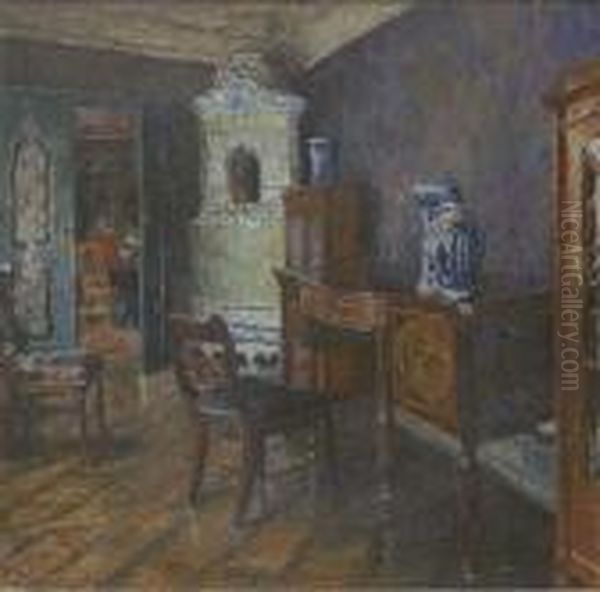 An Interior Looking Through To The Dining Room Oil Painting by August Von Brandis