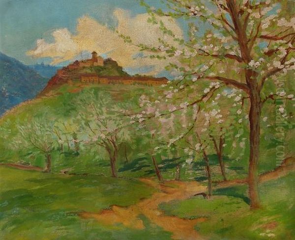 Landschaft Mit Bluhenden Obstbaumen Oil Painting by Theo Von Brockhusen