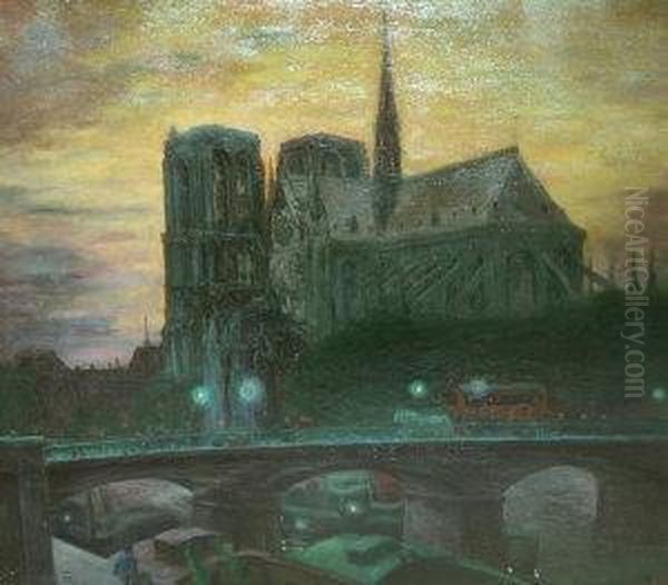 Follower Of Theo Von Brockhusen, German -- Notre Dame By Night Oil Painting by Theo Von Brockhusen