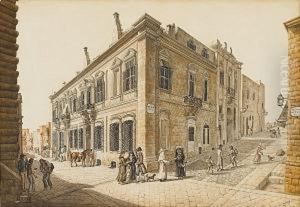 The Corner Of Strada Zecca And Strada Mezzodi, Valletta Oil Painting by Charles Frederick Von Brocktorff