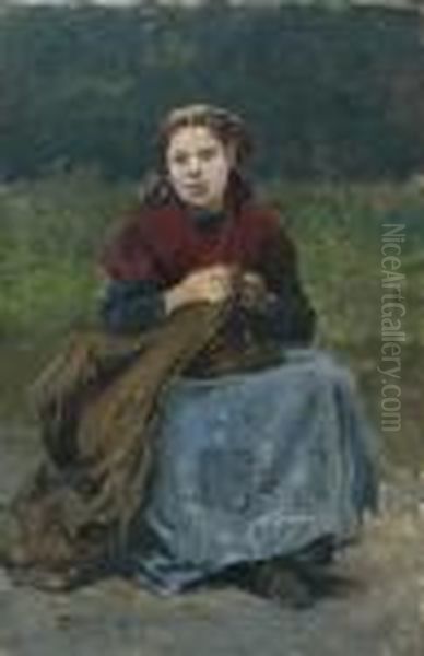 Jeune Femme Cousant Dans Un Paysage Oil Painting by Vaclav Brozik