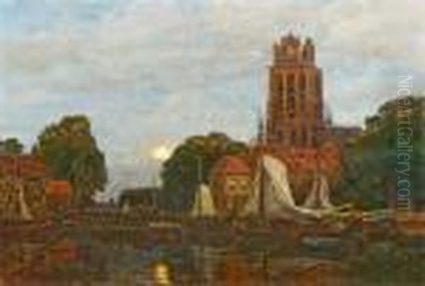 Mondaufgang Uber Dem Hafen Von Doordrecht. Im Hafenbecken Ankernde Segelboote Oil Painting by Gilbert Von Canal